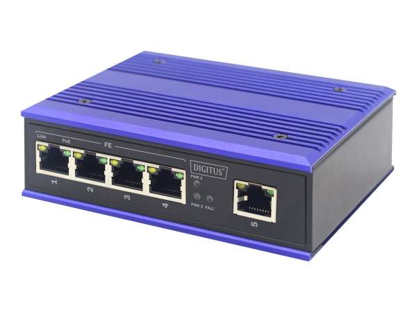 DIGITUS 4 Port Fast Ethernet Netzwerk PoE Switch, Industrial, Unmanaged, 1 RJ45 Uplink
