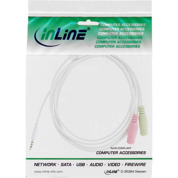 InLine Headset Adapterkabel - 3,5mm Stecker an 2x3,5mm Buchse - weiß - 1m