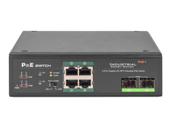 DIGITUS 4 Port Gigabit Ethernet Netzwerk PoE Switch, Industrial, Unmanaged, 2 SFP Uplink