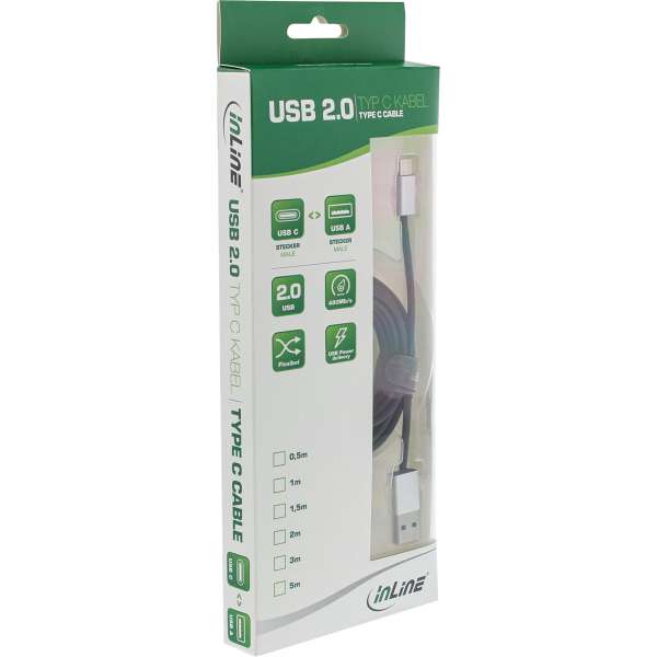 InLine USB 2.0 Kabel - USB-C Stecker an A Stecker - schwarz/Alu - flexibel - 0,5m