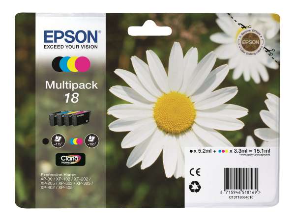 Epson 18 Multipack - 4er-Pack - Schwarz, Gelb, Cyan, Magenta - original - Blisterverpackung - Tinten
