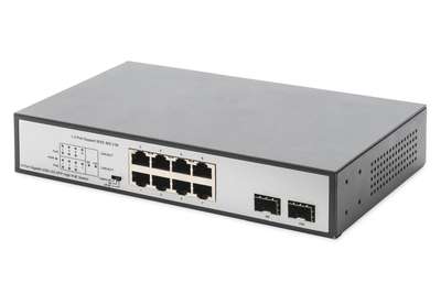 DIGITUS 8-Port Gigabit PoE Netzwerkswitch, Desktop, unmanaged, 2 Uplink Ports, SFP, 180 W, af/at/bt