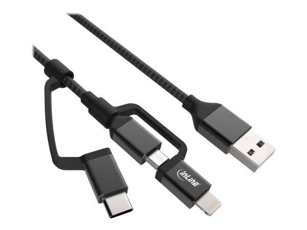 InLine 3-in1 USB Kabel - Micro-USB/Lightning/USB-C - schwarz/Alu - 1,5m MFi