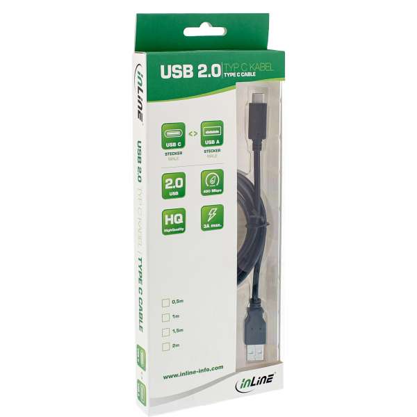 InLine USB 2.0 Kabel - USB-C Stecker an A Stecker - schwarz - 2m