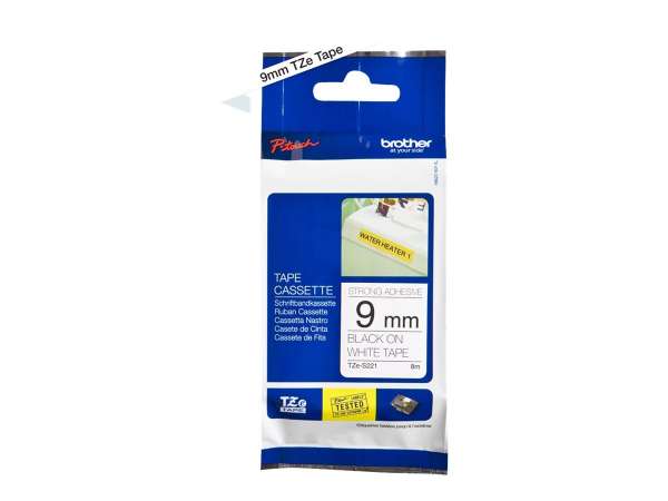 Brother TZe-S221 - Extrem stark haftend - Schwarz auf Weiß - Rolle (0,9 cm x 8 m)