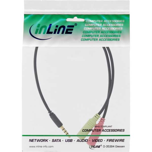InLine Headset Adapterkabel - 3,5mm Stecker an 2x3,5mm Buchse - schwarz - 0,25m