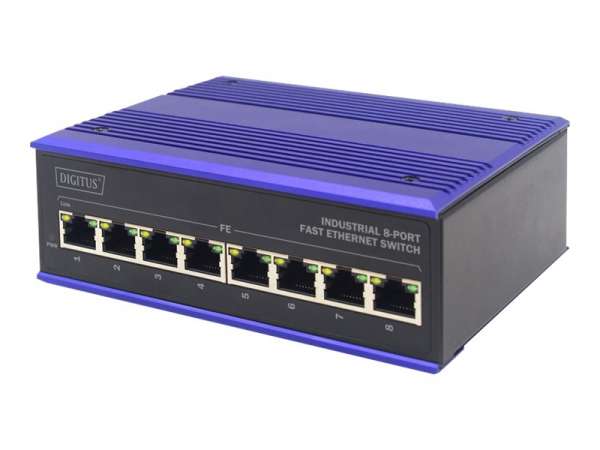 DIGITUS 8 Port Fast Ethernet Netzwerk Switch, Industrial, Unmanaged, 1 RJ45 Uplink